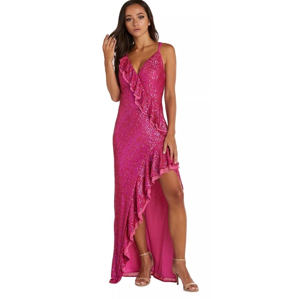 Morgan & Co Pink Sequin Ruffle‎ High Low Gown Dress Fuchsia Formal Size 13 NEW